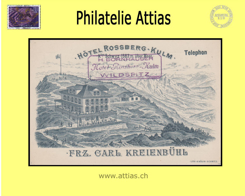 PC Schindellegi SZ blue-litho Hotel Rossberg-Kulm (1890 ca)