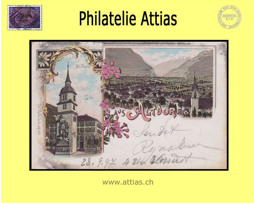 PC Altdorf UR color-litho Gruss aus with 2 pictures (1897)