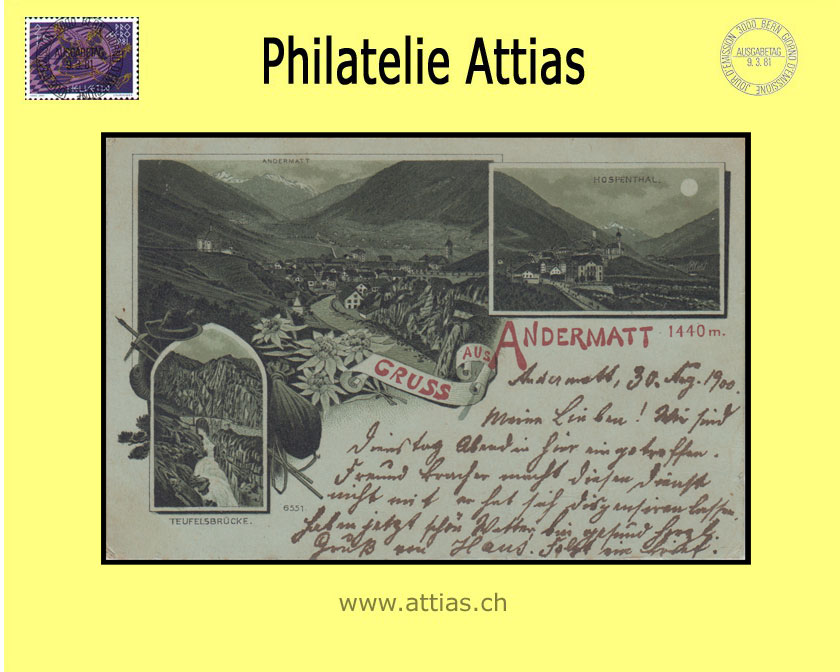 PC Andermatt UR litho Gruss aus with 3 pictures (1900)
