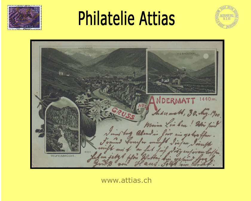 AK Andermatt UR Litho Gruss aus mit 3 Bildern (1900)