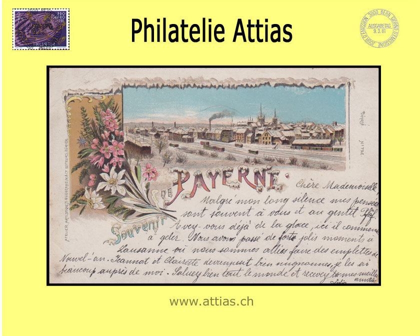 PC Payerne VD color-litho Souvenir de winter time (1898)