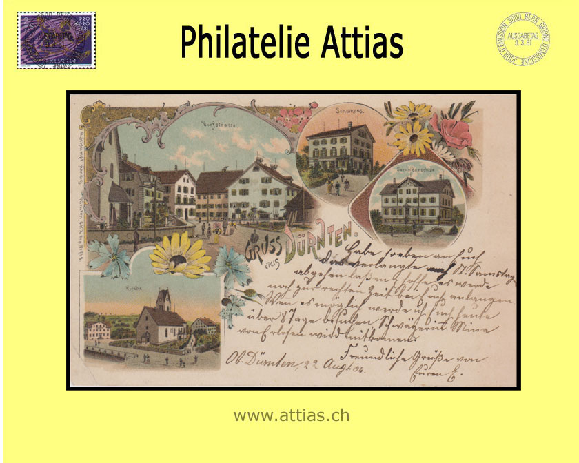 PC Dürnten ZH color-litho Gruss aus with 4 pictures (1904)