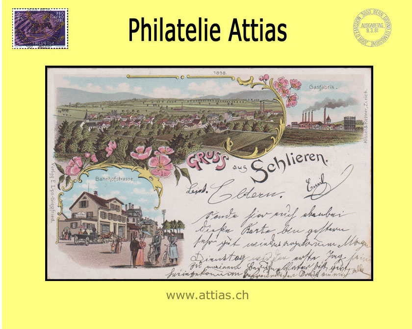 PC Schlieren ZH color-litho Gruss aus with 3 pictures (1899)