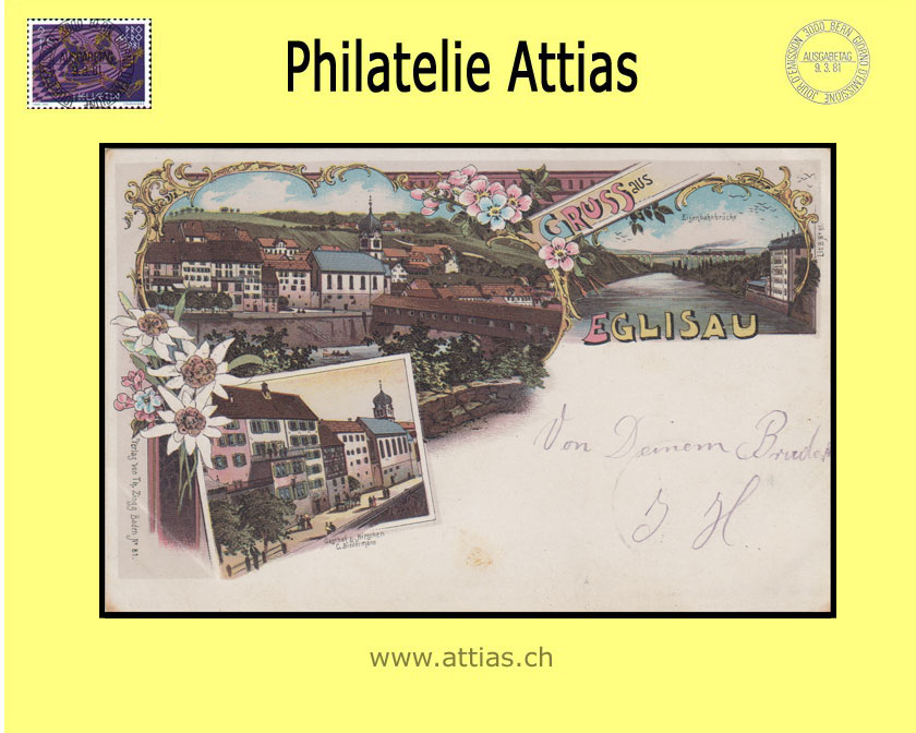 PC Eglisau ZH color-litho Gruss aus with 3 pictures (1899)