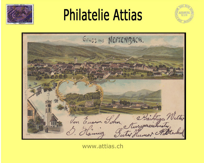 PC Neftenbach ZH color-litho Gruss aus with 4 pictures (1898)
