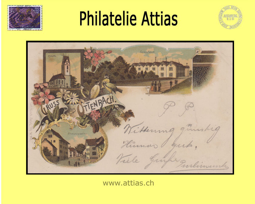 AK Ottenbach ZH Farb-Litho Gruss aus mit 3 Bildern (1899)