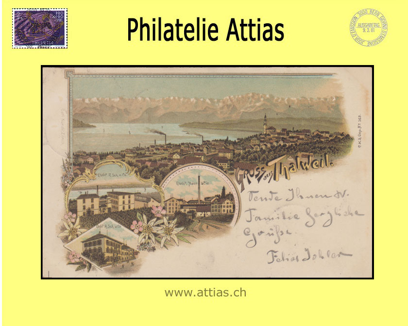 AK Thalwil ZH Farb-Litho Gruss aus mit 4 Bildern (1898)
