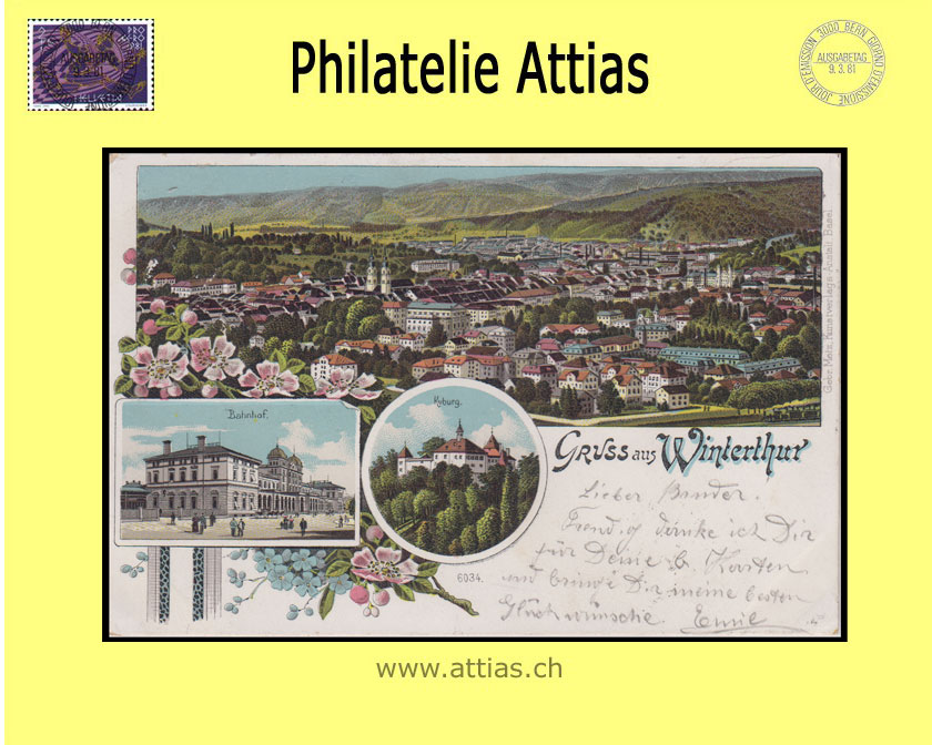 PC Winterthur ZH color-litho Gruss aus with 3 pictures (1901)