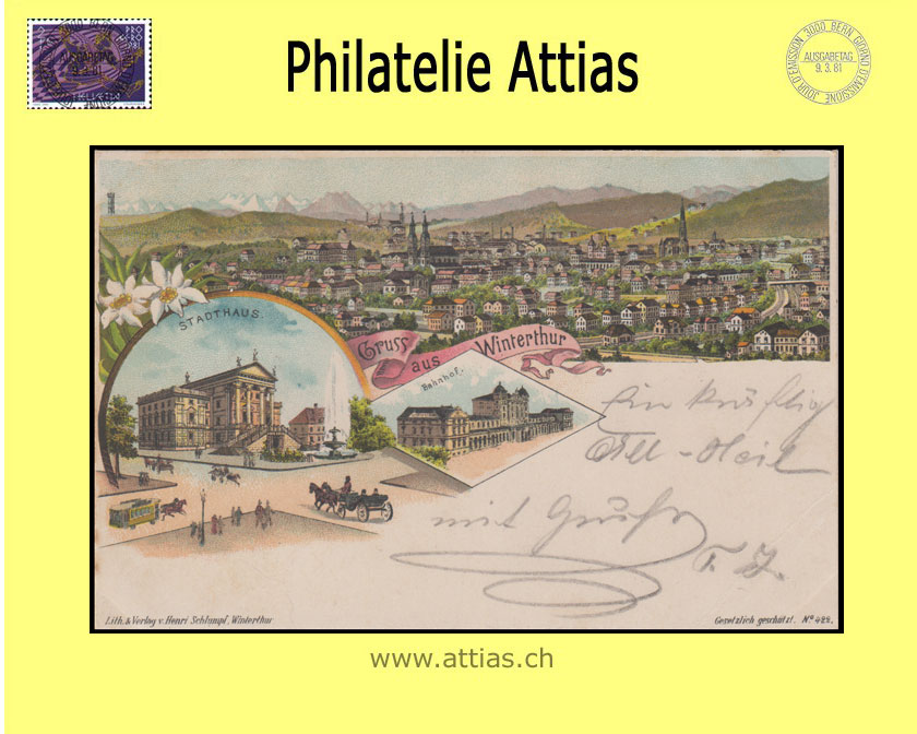 PC Winterthur ZH color-litho Gruss aus with 3 pictures (1898)B