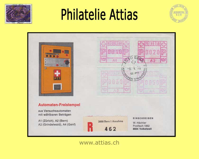 CH 1976 ATM Type 1, A1-A4, ill. letter cancelled Bern