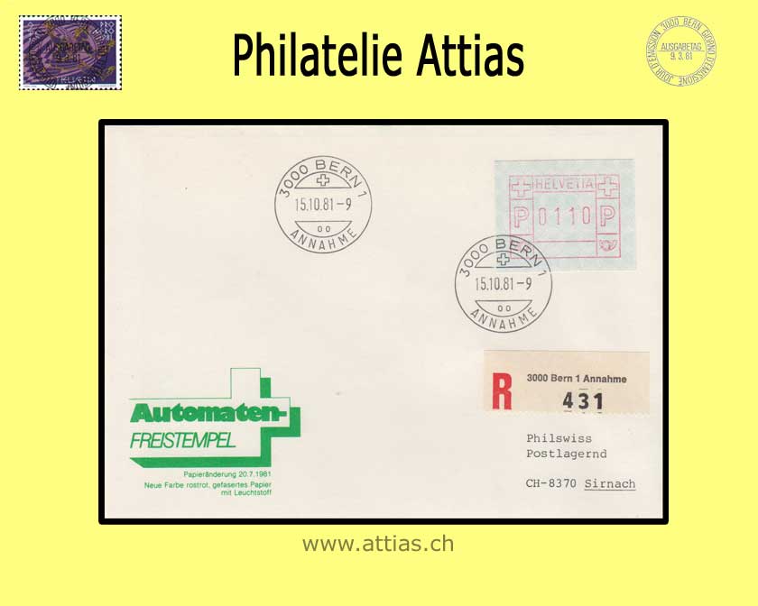 CH 1981 ATM Type 5, Single value on registered mail cancelled Bern