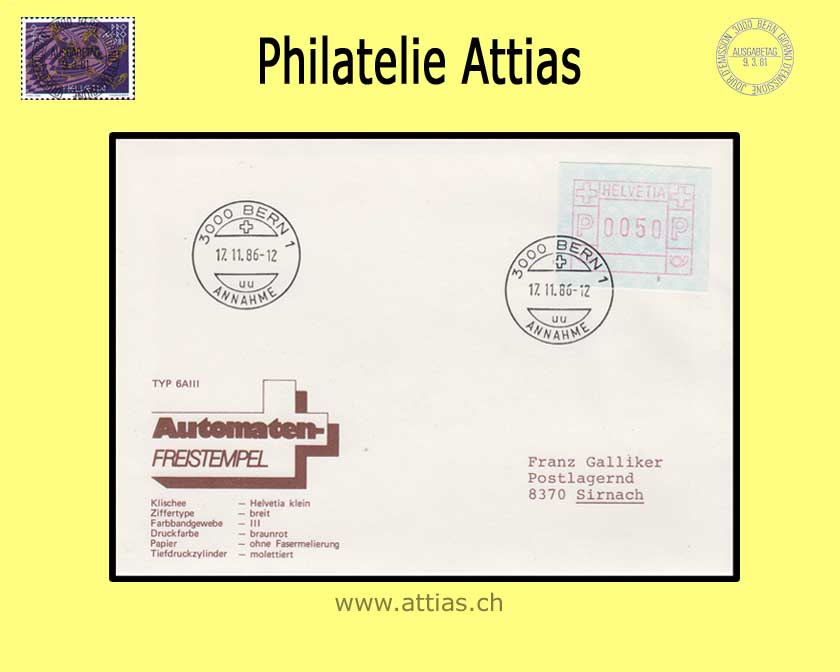 CH 1982 ATM Type 6A, Single value on letter cancelled Bern