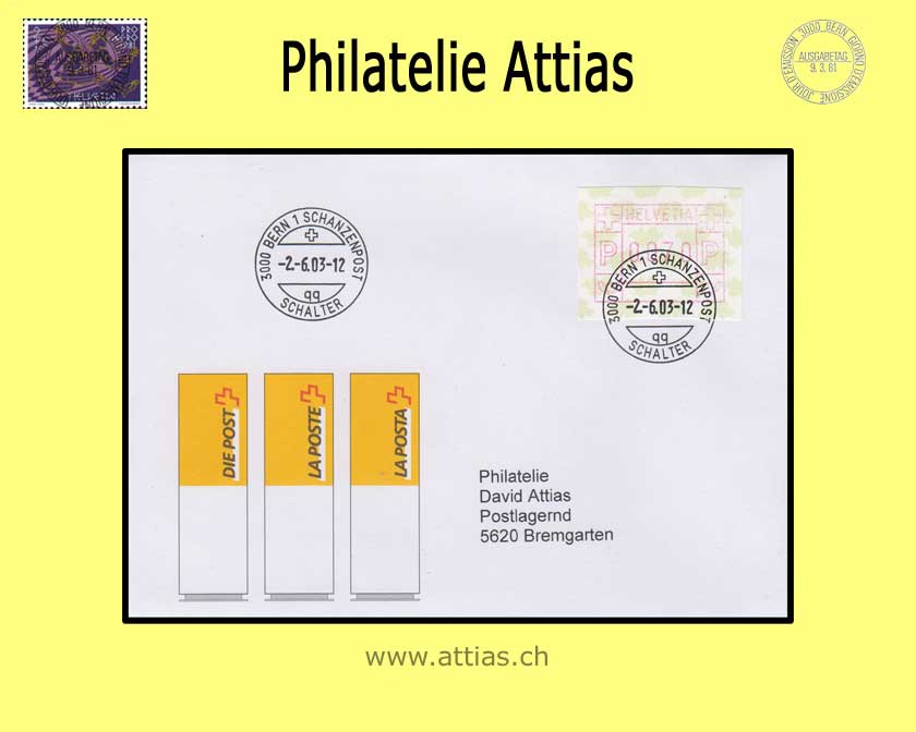 CH 2003 ATM Type 9y,  single value on FDC 02.06.03 Bern