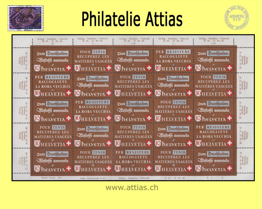 CH 1942 Recycling of old materials - connected stamp sheet - MNH