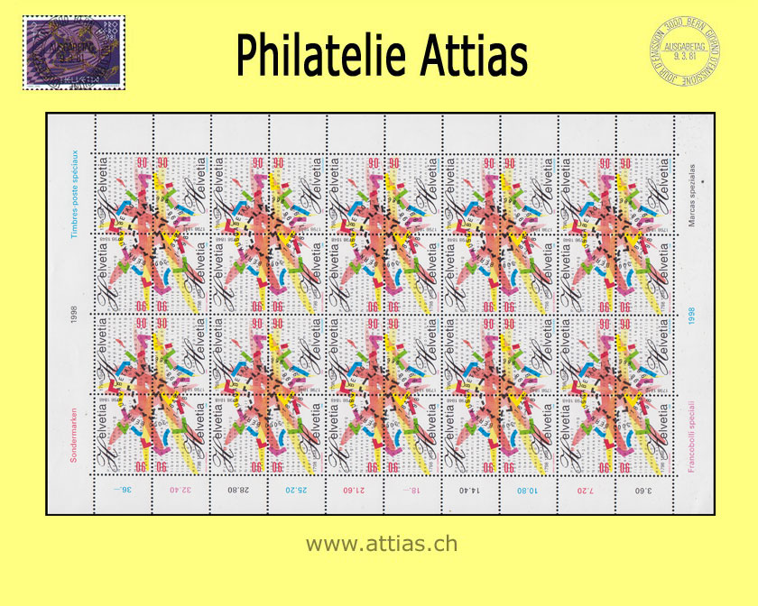 CH 1998 100 Jahre Bundesstaat - Zusammendruck-Bogen - ET-Stempel