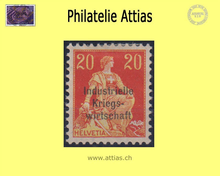 CH 1918 DI SBK 13 Helvetia with sword with three-line overprint "Industrielle Kriegswirtschaft", thick font, unused *, sign. Zumstein