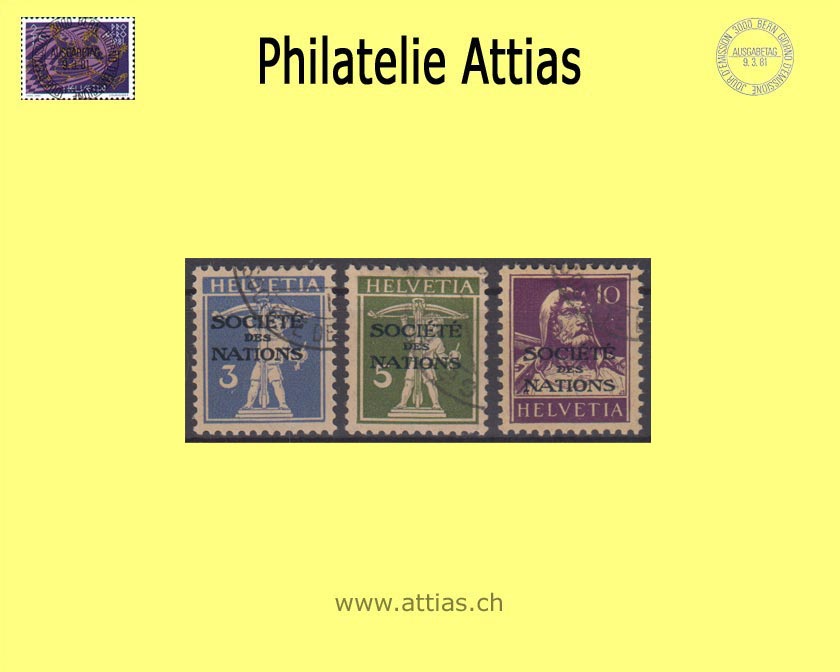 CH 1930-31 DIII 33-35 Tellknabe/Tellbrustbild mit Aufdruck "Société des Nations", glattes Papier Satz gestempelt