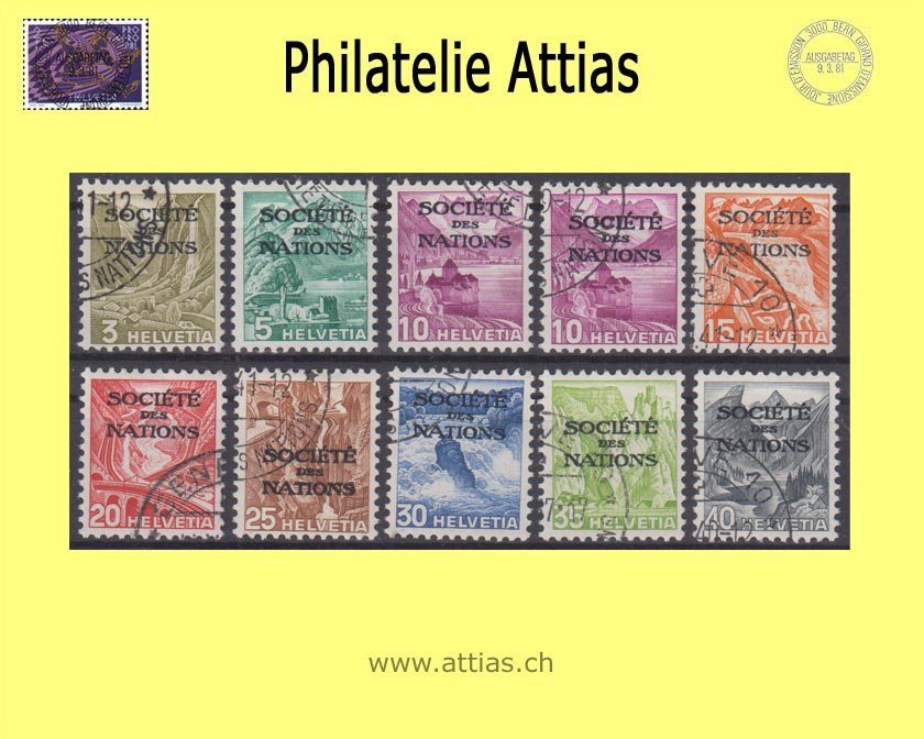 CH 1936-38 DIII 47-55z Landscape pictures (intaglio printing) with overprint "Société des Nations", corrugated paper Set cancelled