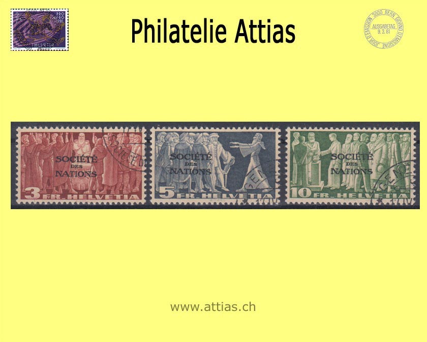 CH 1939 DIII 65-67 Symbolische Darstellungen mit Aufdruck "Société des Nations", Satz gestempelt