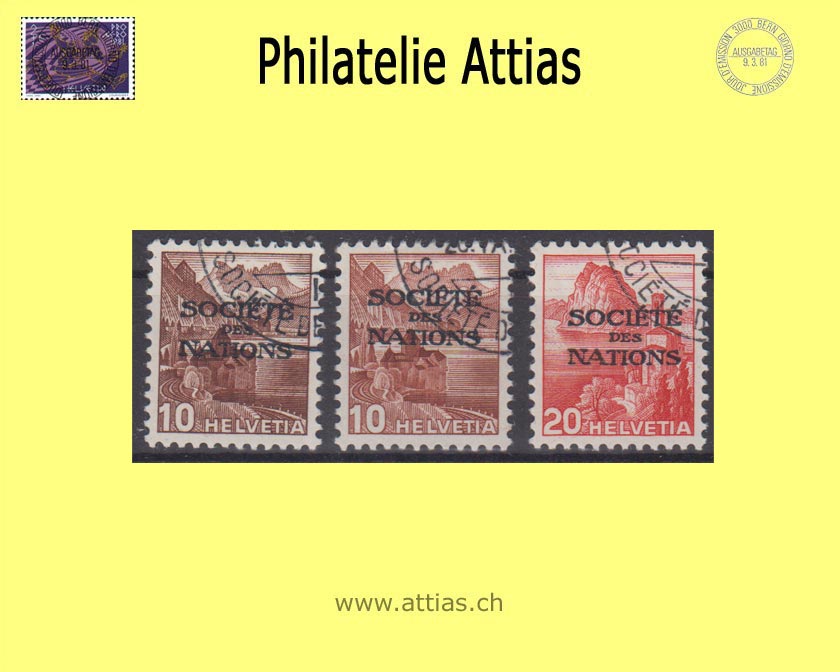 CH 1942-43 DIII 68-70y Landschaftsbilder (Stichtiefdruck) mit Aufdruck "Société des Nations", glattes Papier Satz gestempelt