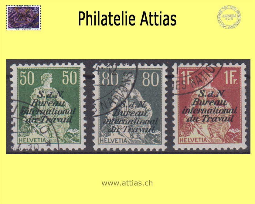 CH 1935-44 DIV 8-11z Helvetia mit Schwert mit Aufdruck "S.d.N. Bureau international du Travail", geriffeltes Papier Satz gestempelt