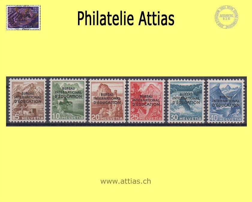 CH 1948 DV 23-28 Farbänderung Landschaftsbilder mit Aufdruck "Bureau international d'Education", Satz Postfrisch