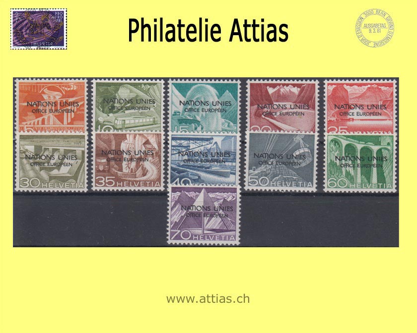 CH 1950 DVII 1-11 Technik und Landschaft mit Aufdruck "Nations Unies - Office Européen", Teilsatz Postfrisch