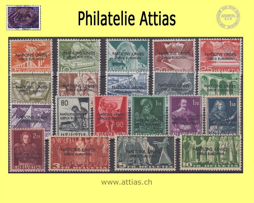 CH 1950 DVII 1-20 Technik und Landschaft, Historische Bilder, Symbolische Darstellungen Aufdruck "Nations Unies - Office Européen" gestempelt