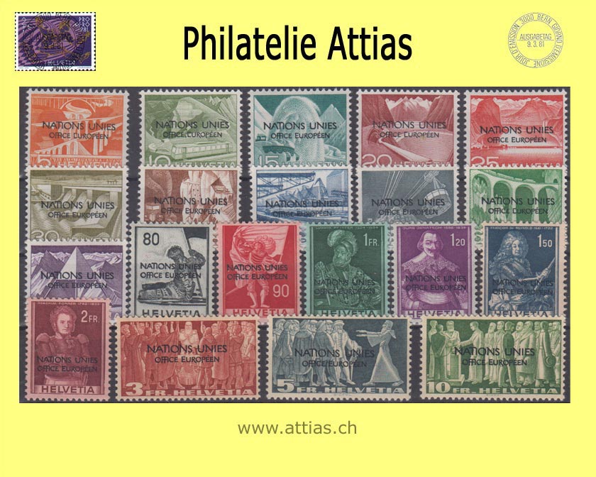 CH 1950 DVII 1-20 Technik und Landschaft, Historische Bilder, Symbolische Darstellungen Aufdruck "Nations Unies - Office Européen" Postfrisch