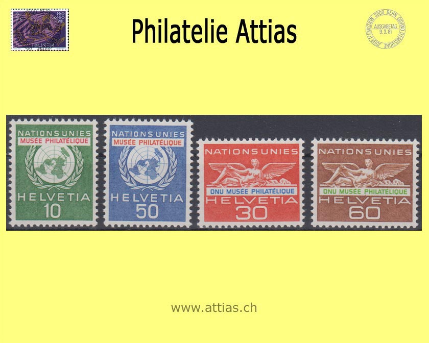 CH 1962 DVII 34-37 Philatelistisches Museum mit Aufdruck "ONU Musée philatélique", Satz Postfrisch