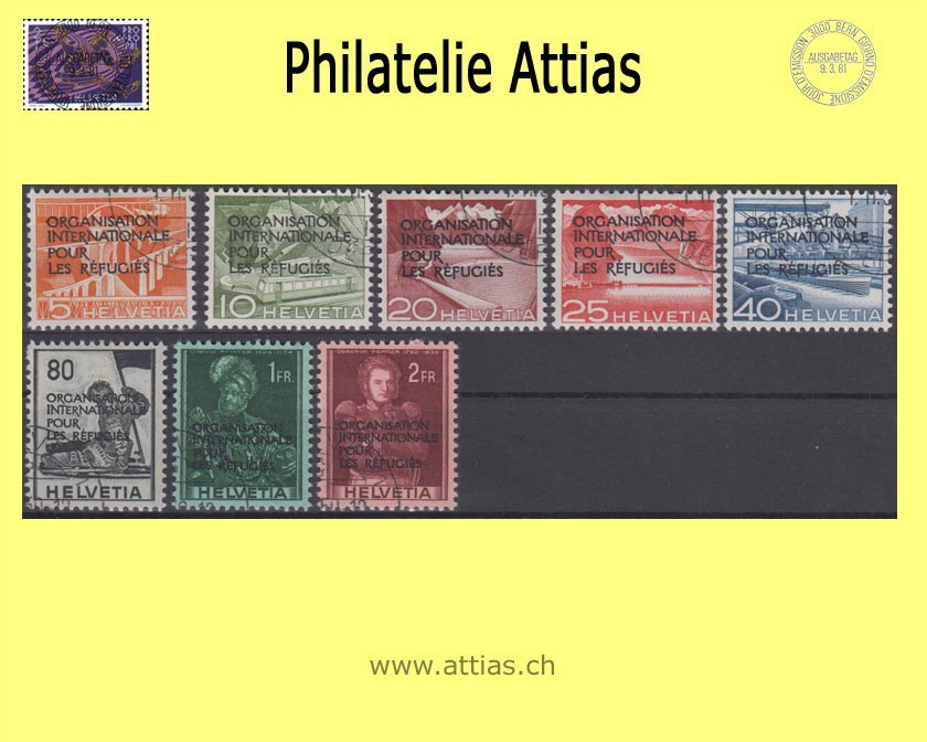 CH 1950 DVIII 1-8 Technik und Landschaft & Historische Bilder mit Aufdruck "Organisation internationale pour les refugés", gestempelt