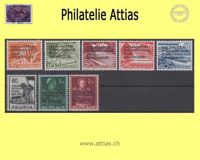 CH 1950 DVIII 1-8 Technik und Landschaft & Historische Bilder mit Aufdruck "Organisation internationale pour les refugés", Postfrisch