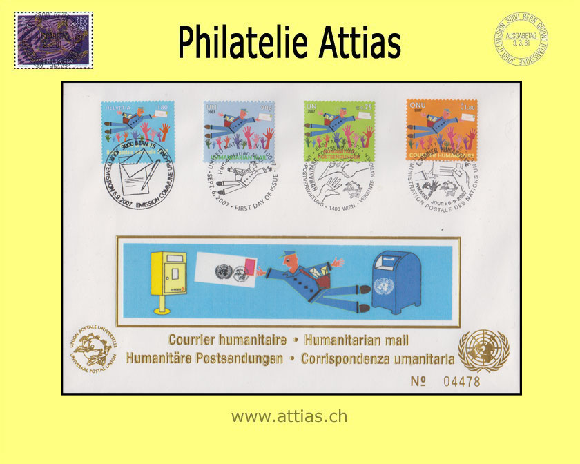 CH 2007 FDC Humanitäre Postsendungen Gemeinschaftsausgabe UPU/UNO