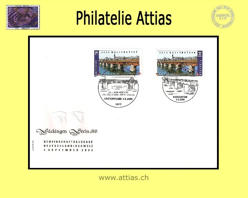 CH 2008 FDC Alte Rheinbrücke - Gemeinschaftsausgabe CH/DE C6