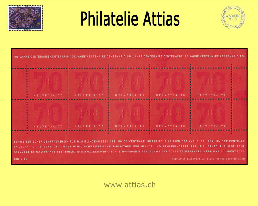 CH 2003 Blindenwesen - Kleinbogen -  Postfrisch