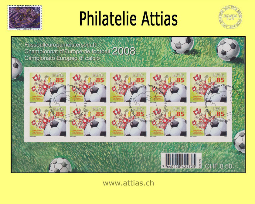 CH 2008 Fussball-EM 08 Hopp Schwiiz - Kleinbogen - ET-Stempel