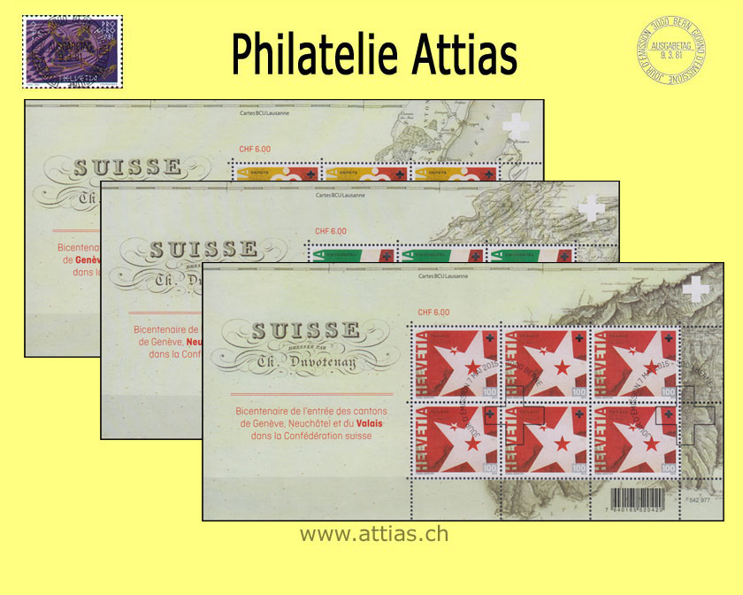 CH 2015 Genf, Neuenburg und Wallis - 3 Kleinbogen - ET-Stempel