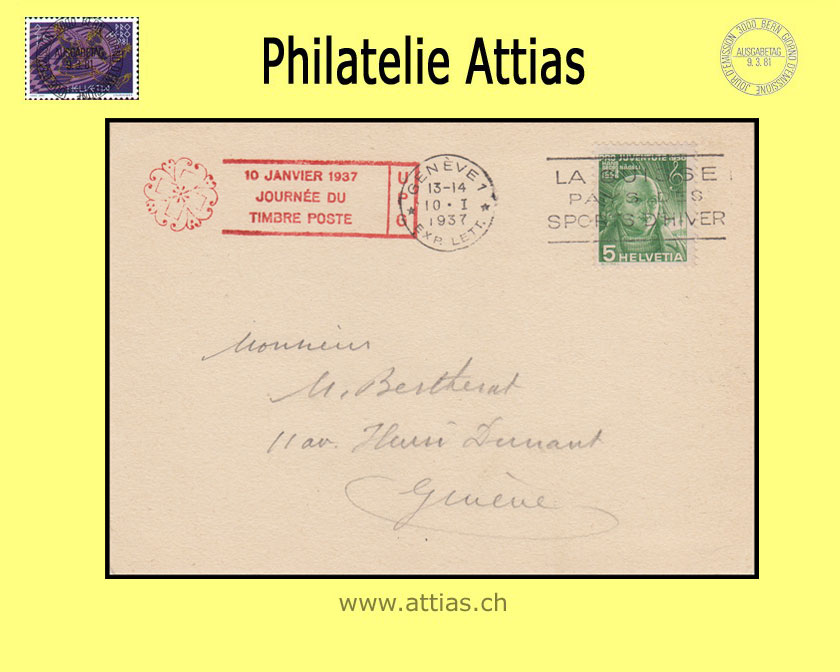 CH 1937 TdB  Geneve GE,  Karte mit rotem Zusatz-Stempel UPG (Vorläufer)