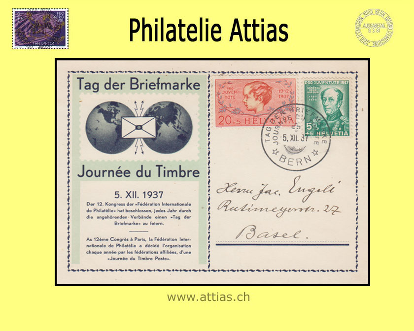 CH 1937 Stamp Day Bern BE, card german/french dark blue/turquoise cancelled 5.XII.37