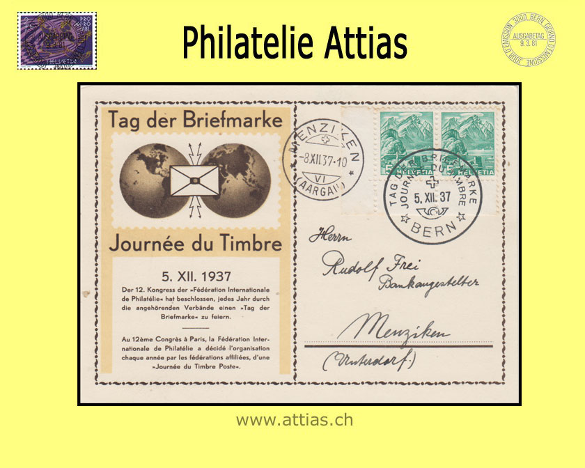CH 1937 Stamp Day Bern BE, card german/french dark brown/chamois cancelled 5.XII.37
