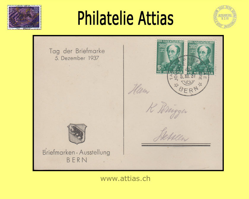 CH 1937 Stamp Day Bern BE, private card "Briefmarken-Ausstellung BERN"