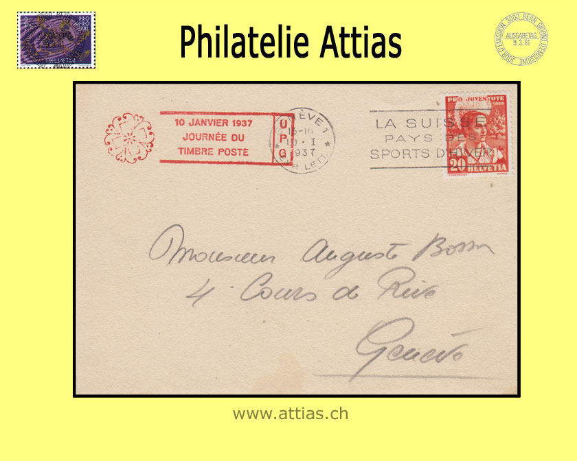CH 1937 Stamp Day  Geneva GE,  post card with additional red cancellation UPG