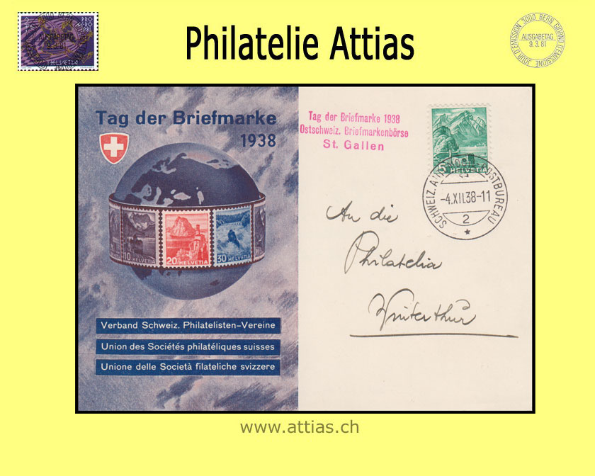 CH 1938 Stamp Day Basel BS, card german with Autombil-Postbüro & red add-on cancellation St.Gallen