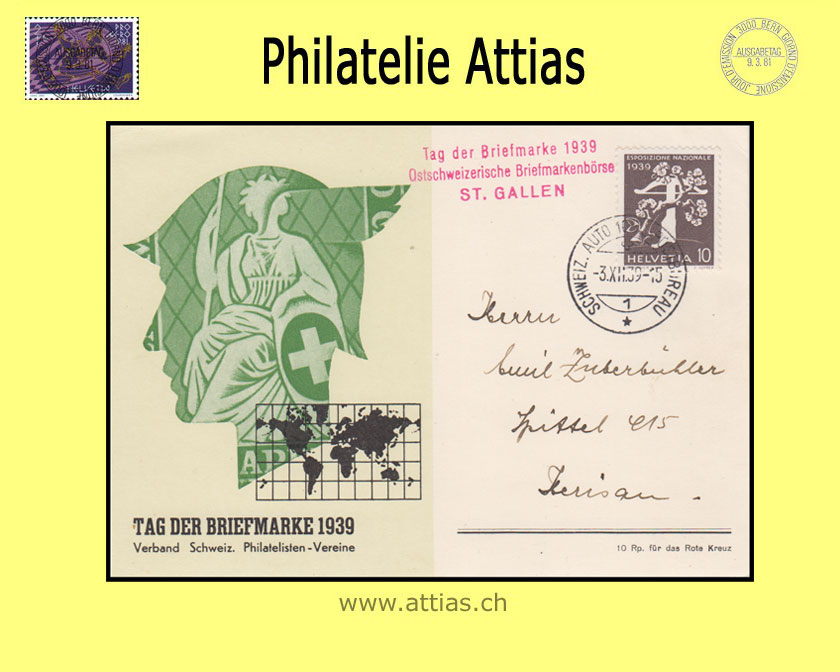 CH 1939 Stamp Day Bern BE, card german (green/black) with Autombil-Postbüro & red add-on cancellation St.Gallen