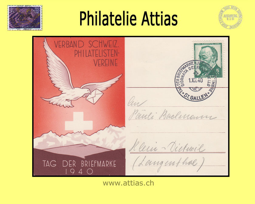 CH 1940 Stamp Day St.Gallen SG,  card  german cancelled 1.XII.40 St.Gallen