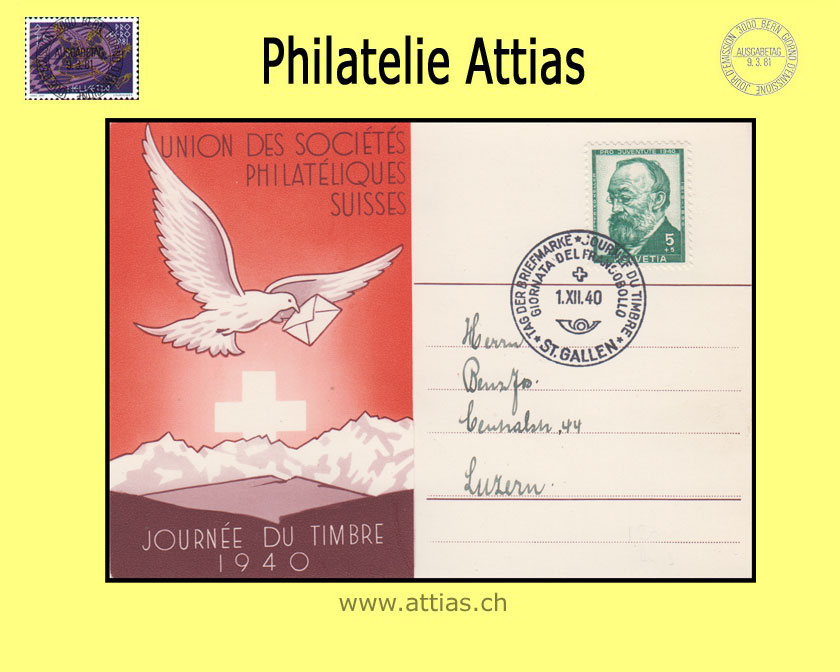 CH 1940 Stamp Day St.Gallen SG,  card french cancelled 1.XII.40 St.Gallen