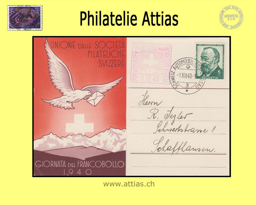 CH 1940 Stamp Day St.Gallen SG, card italian with Autombil-Postbüro cancellation and red add-on cancellation Lucerme