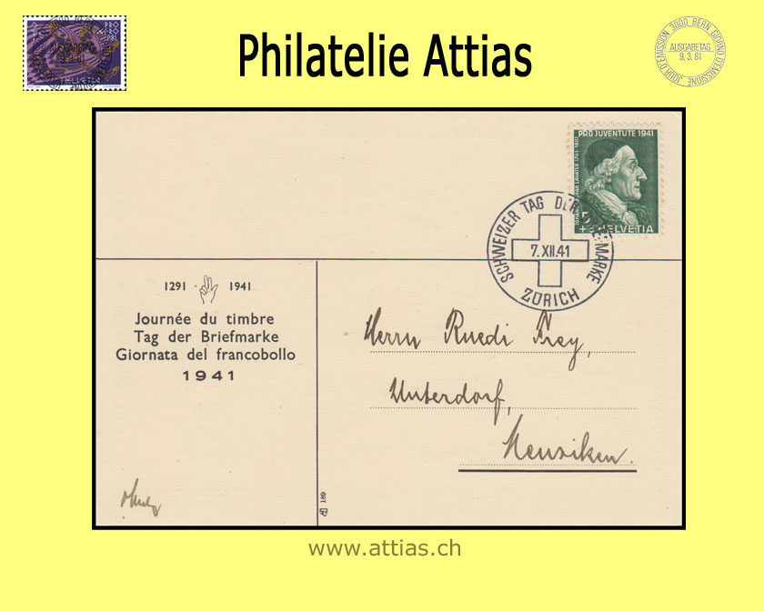 CH 1941 Stamp Day Zurich ZH, card cancelled 7.XII.41 Zürich