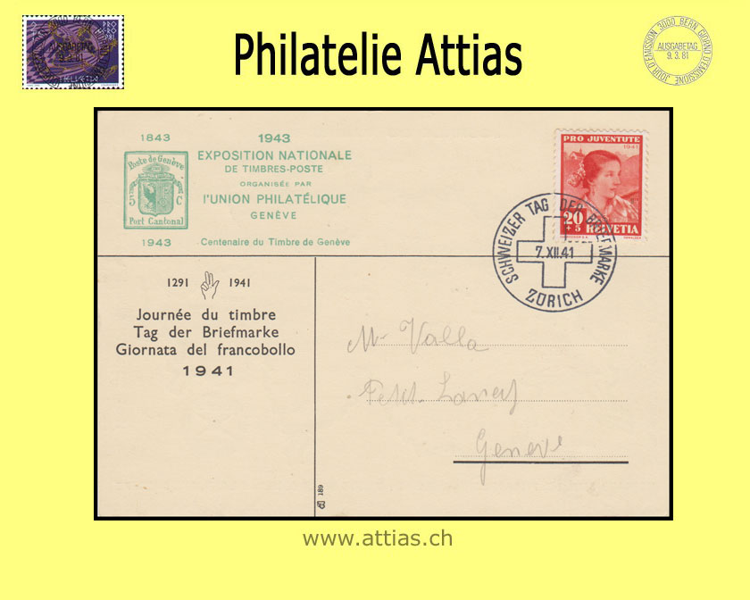 CH 1941 Stamp Day Zurich ZH, card with imprint "UPG Geneve 1943" cancelled 7.XII.41 Zürich