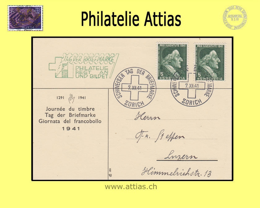 CH 1941 Stamp Day Zurich ZH, card with add-on cancellation "Tag der Briefmarke" cancelled 7.XII.41 Zürich